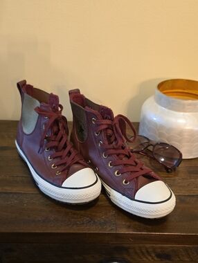 Women's Converse Leather High-Top Lace-Up Sneakers in Burgundy